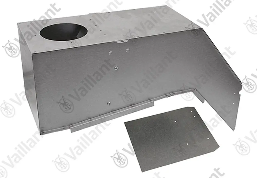 Vaillant Strömungssicherung aus Metall, rechteckige Bauform mit runder Öffnung, Teile für Heizungsinstallation, auf einem weißen Hintergrund.